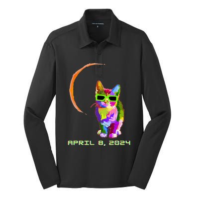 Solar Eclipse 2024 Cat Wearing Solar Eclipse Glasses Silk Touch Performance Long Sleeve Polo