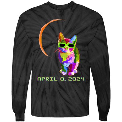 Solar Eclipse 2024 Cat Wearing Solar Eclipse Glasses Tie-Dye Long Sleeve Shirt