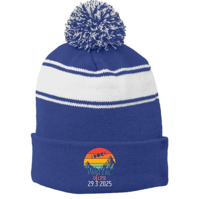 Solar Eclipse 2025 Funny Partial Solar Eclipse 2025 29 March Great Gift Stripe Pom Pom Beanie