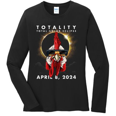 Solar Eclipse 2024 Chicken Rooster Ladies Long Sleeve Shirt