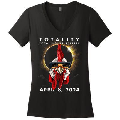 Solar Eclipse 2024 Chicken Rooster Women's V-Neck T-Shirt