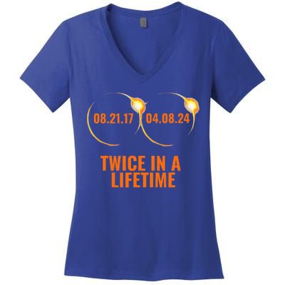 Solar Eclipse 2024 Twice In A Lifetime Solar Eclipse Women's V-Neck T-Shirt