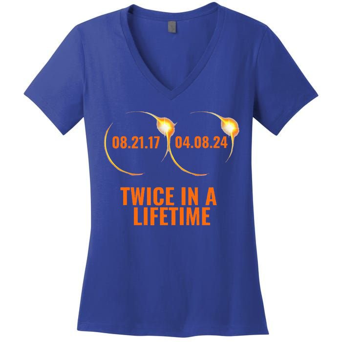 Solar Eclipse 2024 Twice In A Lifetime Solar Eclipse Women's V-Neck T-Shirt