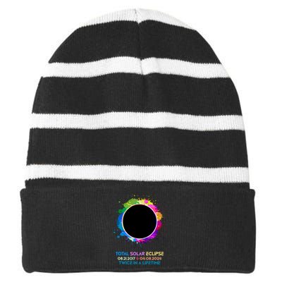 Solar Eclipse 2024 Twice In A Lifetime 2017 Totality Striped Beanie with Solid Band