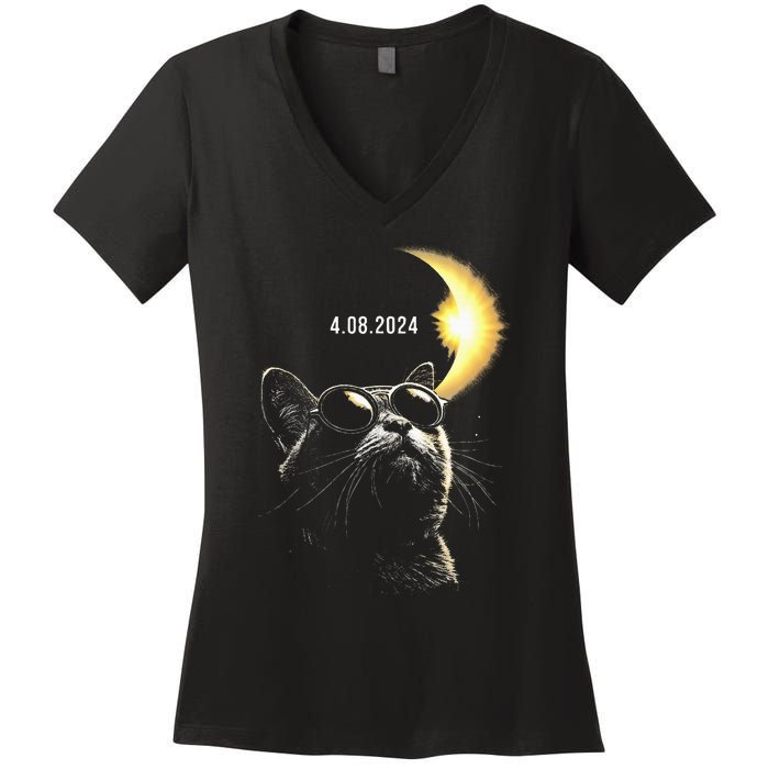 Solar Eclipse 2024 Total Eclipse April 8th 2024 Cat Women's V-Neck T-Shirt