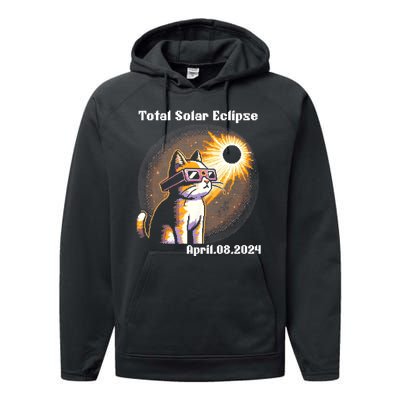 Solar Eclipse 2024 Cat Wearing Solar Eclipse Glasses Performance Fleece Hoodie