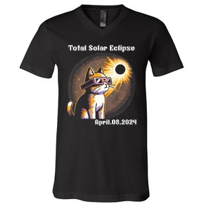 Solar Eclipse 2024 Cat Wearing Solar Eclipse Glasses V-Neck T-Shirt