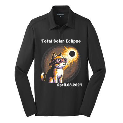 Solar Eclipse 2024 Cat Wearing Solar Eclipse Glasses Silk Touch Performance Long Sleeve Polo