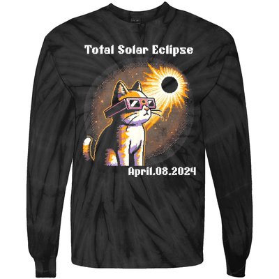 Solar Eclipse 2024 Cat Wearing Solar Eclipse Glasses Tie-Dye Long Sleeve Shirt