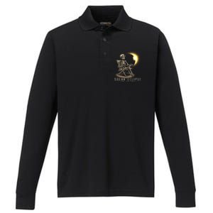 Solar Eclipse 2024 Total Eclipse April 8th 2024 Skull Performance Long Sleeve Polo