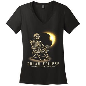 Solar Eclipse 2024 Total Eclipse April 8th 2024 Skull Women's V-Neck T-Shirt