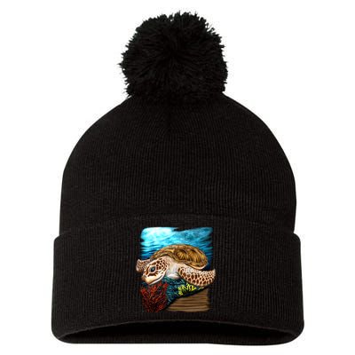 Sea Turtle Ocean Pom Pom 12in Knit Beanie