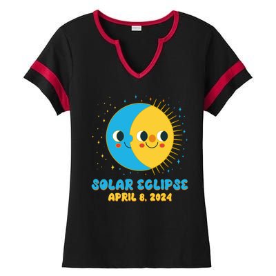 Solar Eclipse April 8 2024 Cute Moon And Sun Ladies Halftime Notch Neck Tee