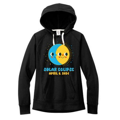 Solar Eclipse April 8 2024 Cute Moon And Sun Women's Fleece Hoodie