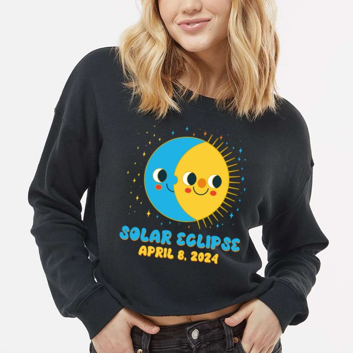 Solar Eclipse April 8 2024 Cute Moon And Sun Cropped Pullover Crew