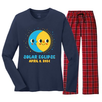 Solar Eclipse April 8 2024 Cute Moon And Sun Women's Long Sleeve Flannel Pajama Set 