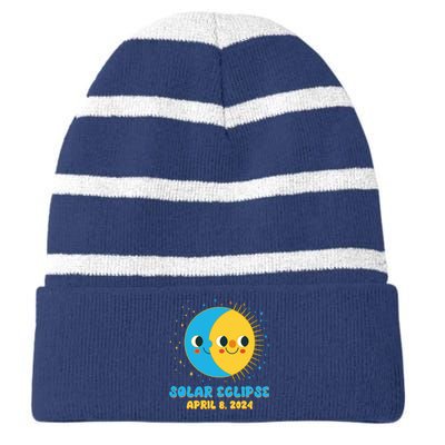 Solar Eclipse April 8 2024 Cute Moon And Sun Striped Beanie with Solid Band