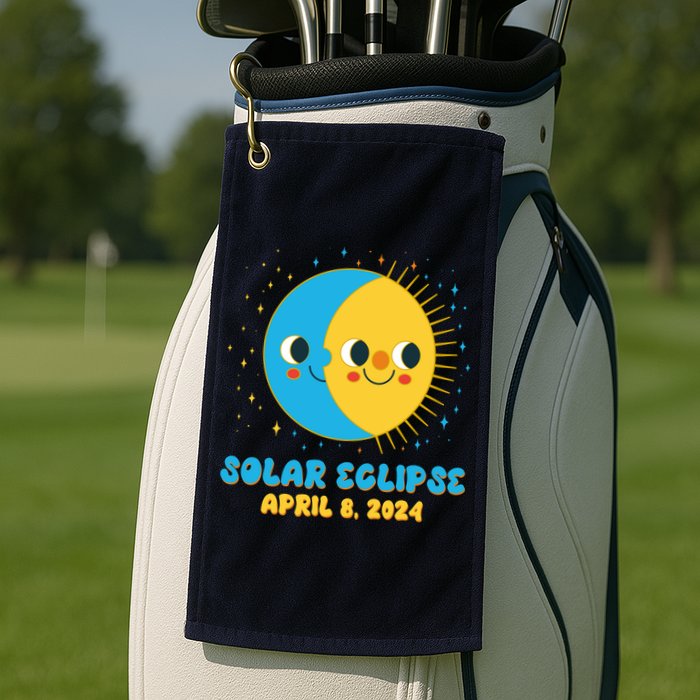 Solar Eclipse April 8 2024 Cute Moon And Sun Golf Towel