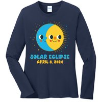 Solar Eclipse April 8 2024 Cute Moon And Sun Ladies Long Sleeve Shirt