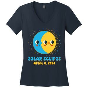 Solar Eclipse April 8 2024 Cute Moon And Sun Women's V-Neck T-Shirt