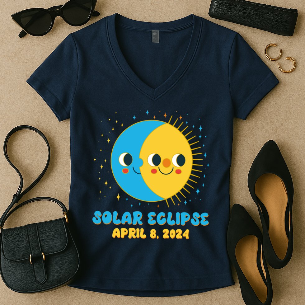Solar Eclipse April 8 2024 Cute Moon And Sun Women's V-Neck T-Shirt