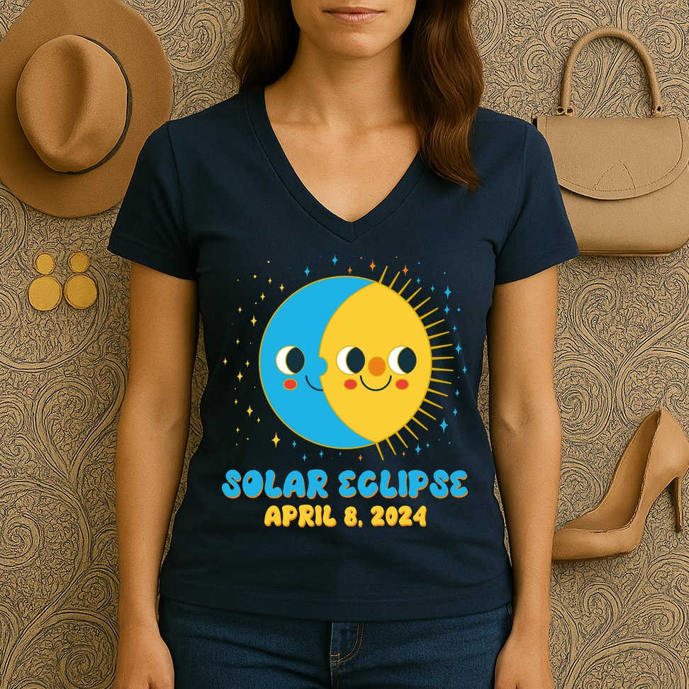 Solar Eclipse April 8 2024 Cute Moon And Sun Women's V-Neck T-Shirt
