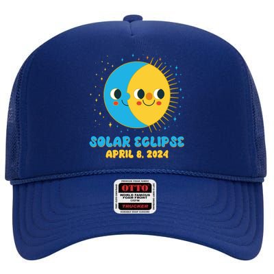 Solar Eclipse April 8 2024 Cute Moon And Sun High Crown Mesh Back Trucker Hat