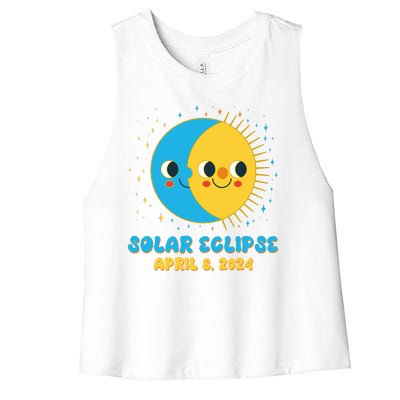 Solar Eclipse April 8 2024 Cute Moon And Sun Women's Racerback Cropped Tank