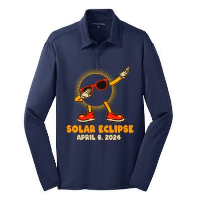 Solar Eclipse April 8 2024 Dabbing Sun Silk Touch Performance Long Sleeve Polo