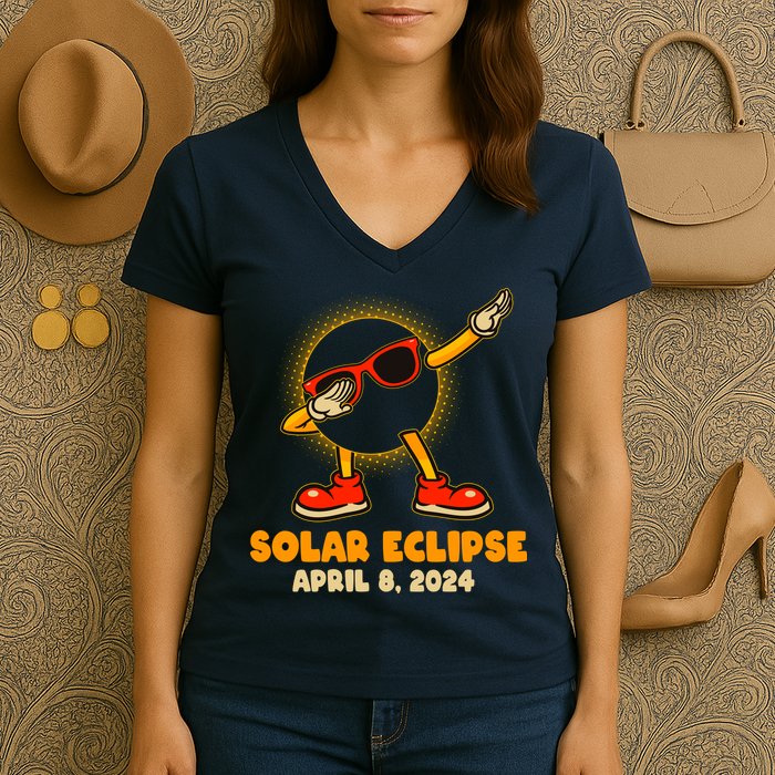 Solar Eclipse April 8 2024 Dabbing Sun Women's V-Neck T-Shirt