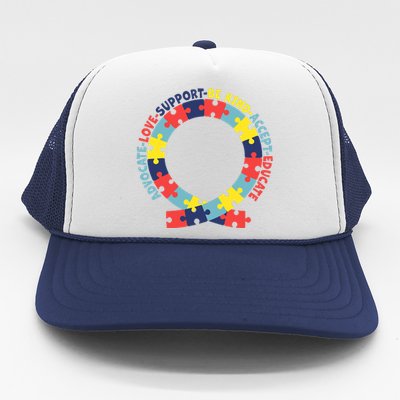 Support Educate Advocate Love Autism Awareness Puzzle Ribbon Trucker Hat