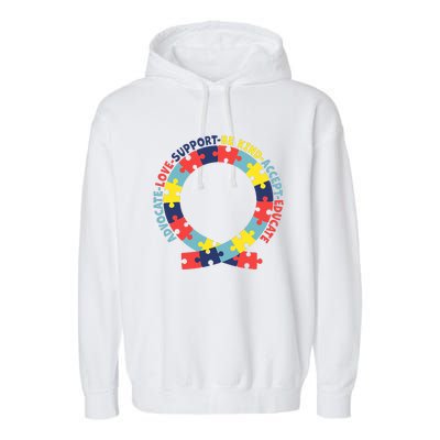 Support Educate Advocate Love Autism Awareness Puzzle Ribbon Garment-Dyed Fleece Hoodie