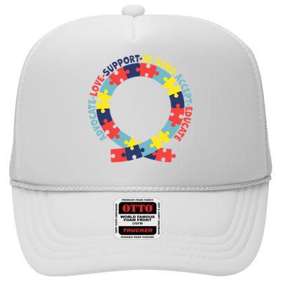 Support Educate Advocate Love Autism Awareness Puzzle Ribbon High Crown Mesh Back Trucker Hat