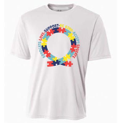 Support Educate Advocate Love Autism Awareness Puzzle Ribbon Cooling Performance Crew T-Shirt