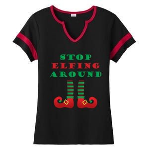 Stop Elfing Around Christmas Elf Shoes Funny Holiday Saying Gift Ladies Halftime Notch Neck Tee