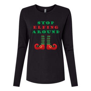 Stop Elfing Around Christmas Elf Shoes Funny Holiday Saying Gift Womens Cotton Relaxed Long Sleeve T-Shirt