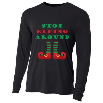 Stop Elfing Around Christmas Elf Shoes Funny Holiday Saying Gift Cooling Performance Long Sleeve Crew