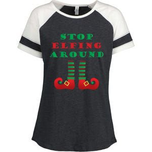 Stop Elfing Around Christmas Elf Shoes Funny Holiday Saying Gift Enza Ladies Jersey Colorblock Tee