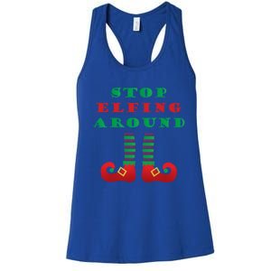 Stop Elfing Around Christmas Elf Shoes Funny Holiday Saying Gift Women's Racerback Tank