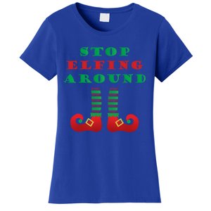 Stop Elfing Around Christmas Elf Shoes Funny Holiday Saying Gift Women's T-Shirt