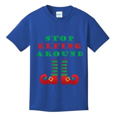 Stop Elfing Around Christmas Elf Shoes Funny Holiday Saying Gift Kids T-Shirt