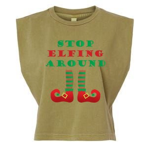 Stop Elfing Around Christmas Elf Shoes Funny Holiday Saying Gift Garment-Dyed Women's Muscle Tee