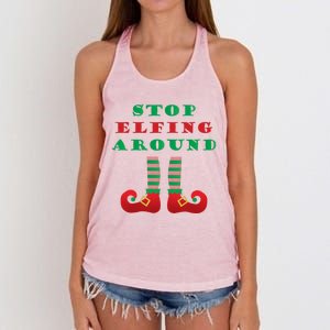 Stop Elfing Around Christmas Elf Shoes Funny Holiday Saying Gift Women's Knotted Racerback Tank