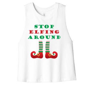 Stop Elfing Around Christmas Elf Shoes Funny Holiday Saying Gift Women's Racerback Cropped Tank