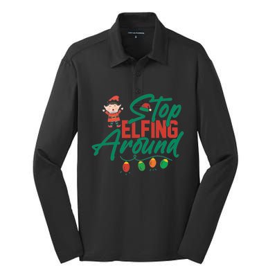 Stop Elfing Around Holiday Lights Christmas Humor Novelty Great Gift Silk Touch Performance Long Sleeve Polo