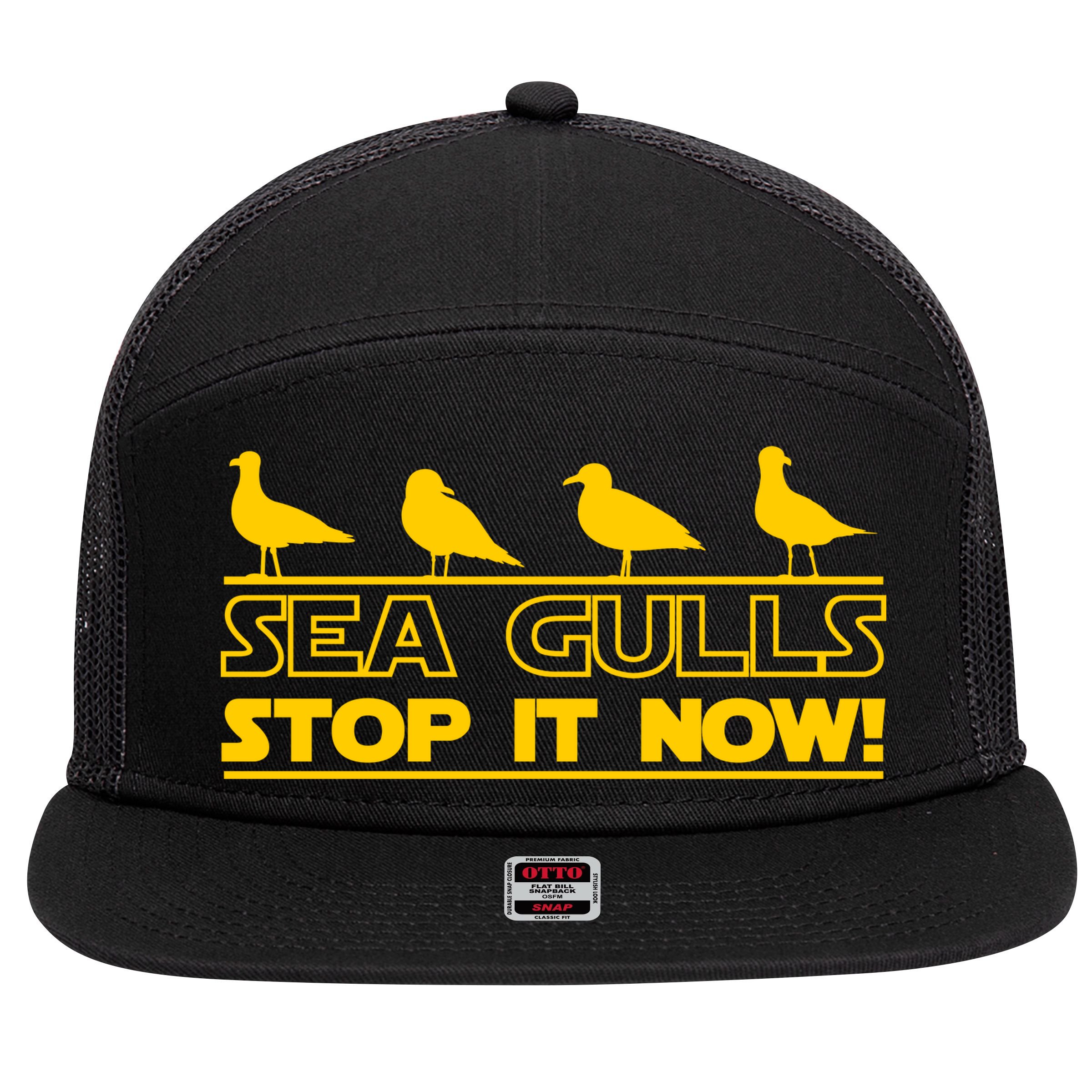 Seagulls Stop it Now Funny Meme 7 Panel Mesh Trucker Snapback Hat