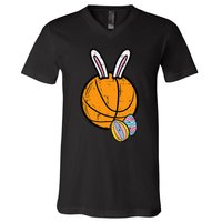 Sports Easter Baskets Basketball Bunny Rabbit Bball Coach V-Neck T-Shirt