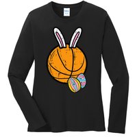 Sports Easter Baskets Basketball Bunny Rabbit Bball Coach Ladies Long Sleeve Shirt