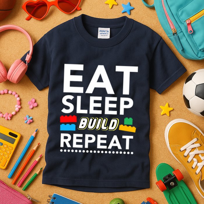 Sleep Eat Build Repeat Building Blocks Bricks Master Builder Kids T-Shirt