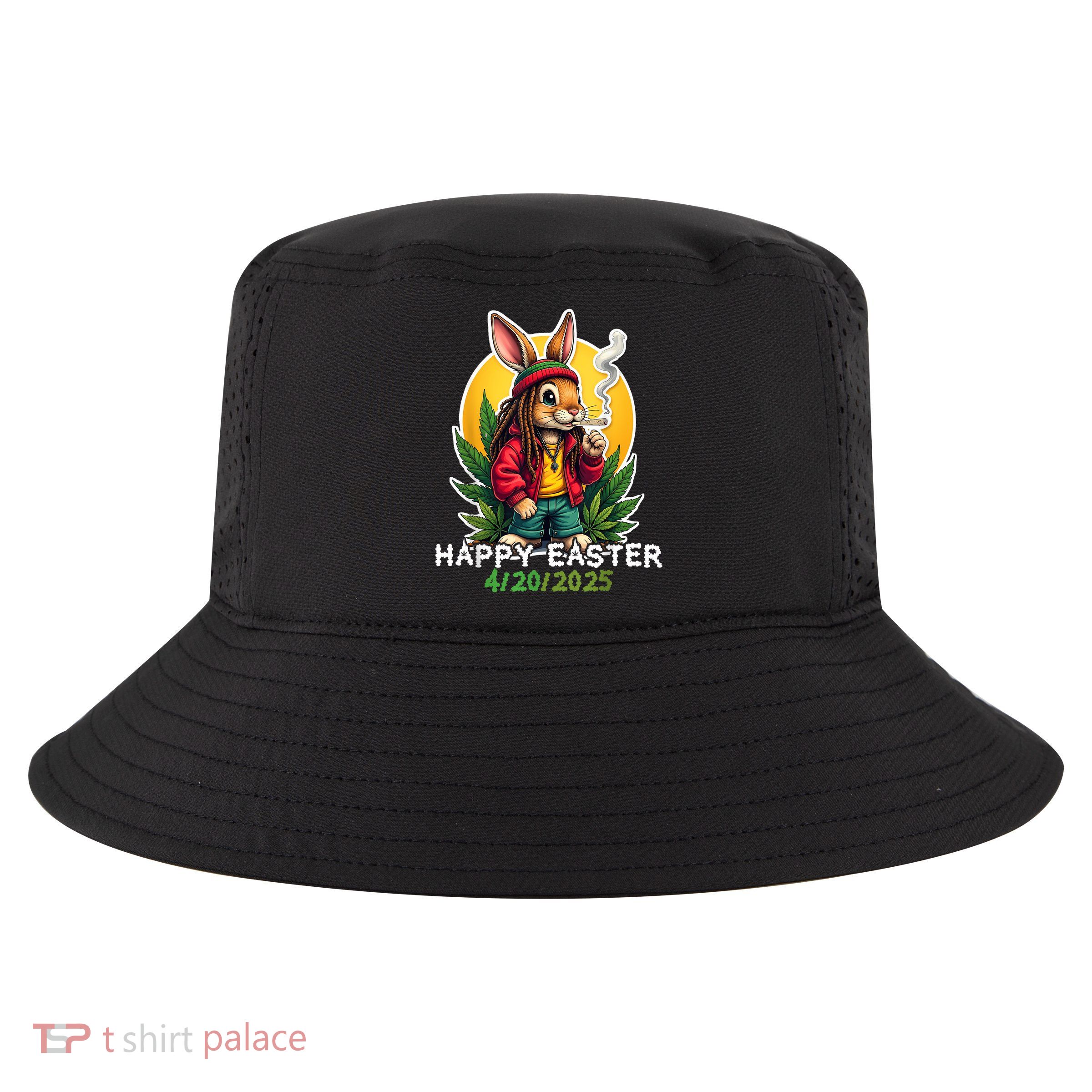 Stoned Easter bunny with joint 420 Marijuana Easter 420 Cool Comfort Performance Bucket Hat